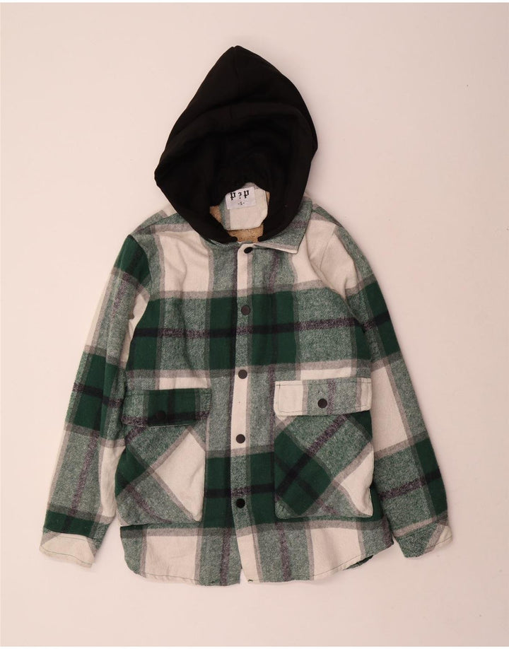 Giacca multiuso Sherpa da uomo vintage con cappuccio UK 36 Piccolo poliestere a quadri verdi
