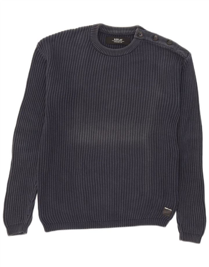 Maglione maglione girocollo da uomo Replay grande in cotone blu navy