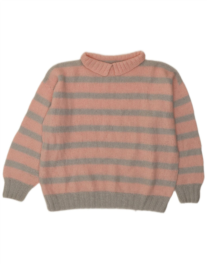 Maglione vintage da donna con collo alto e maglione XL a righe rosa