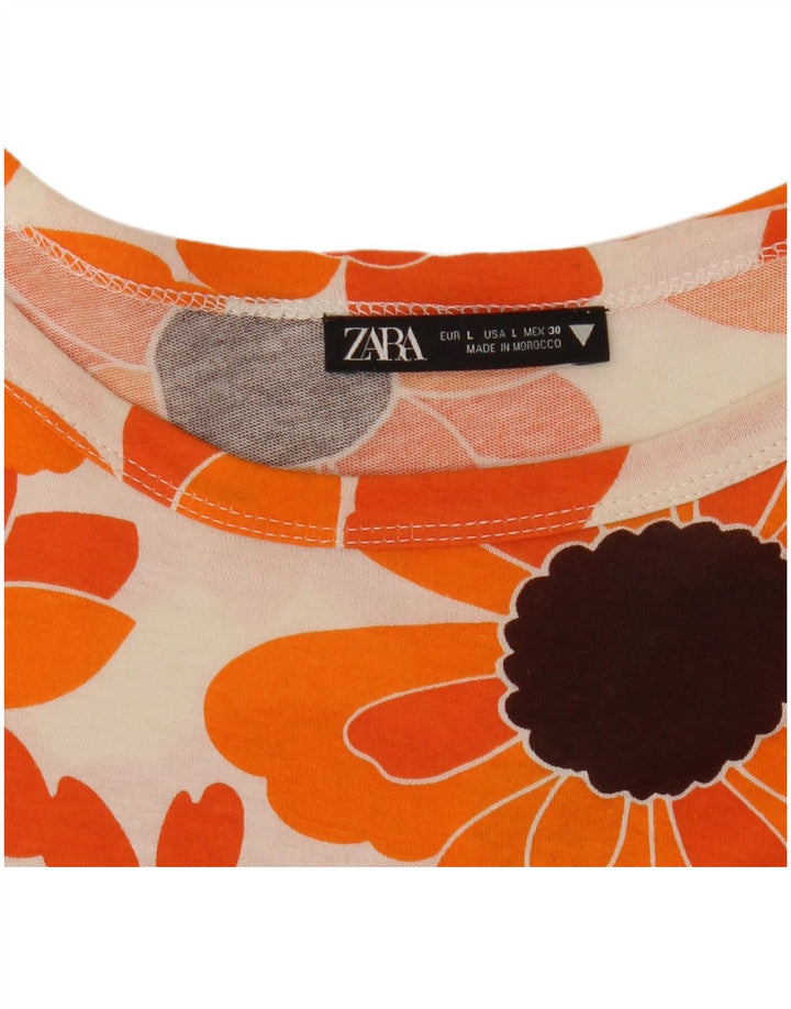 ZARA T-shirt da Donna Top UK 16 Grande Arancione Floreale