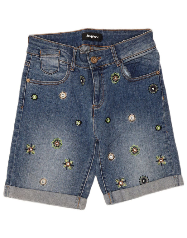 Desigual Womens Denim Denim Shorts W26 Small Blue Floral Cotton