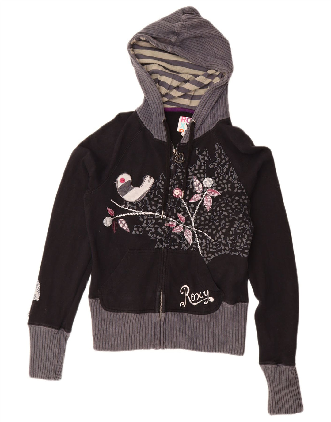 Maglione con cappuccio e zip grafica corta da donna Roxy UK 12 Medium Black Floral