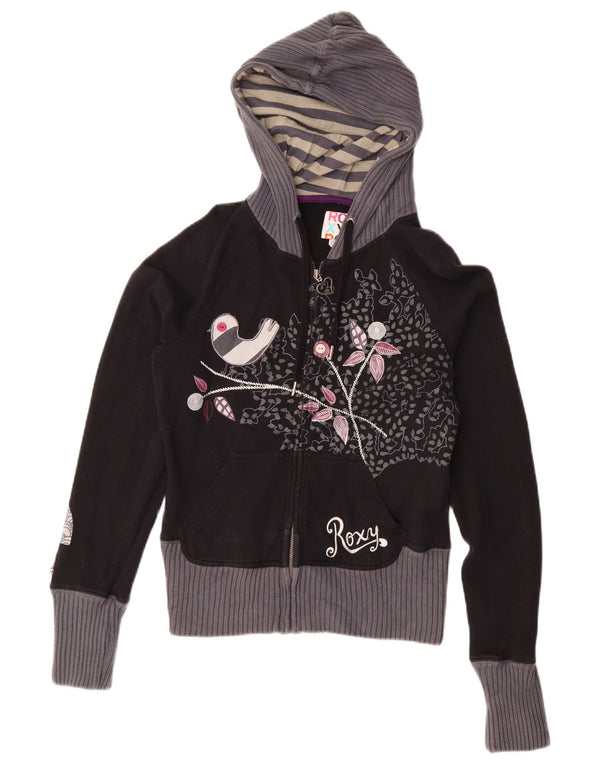 Maglione con cappuccio e zip grafica corta da donna Roxy UK 12 Medium Black Floral