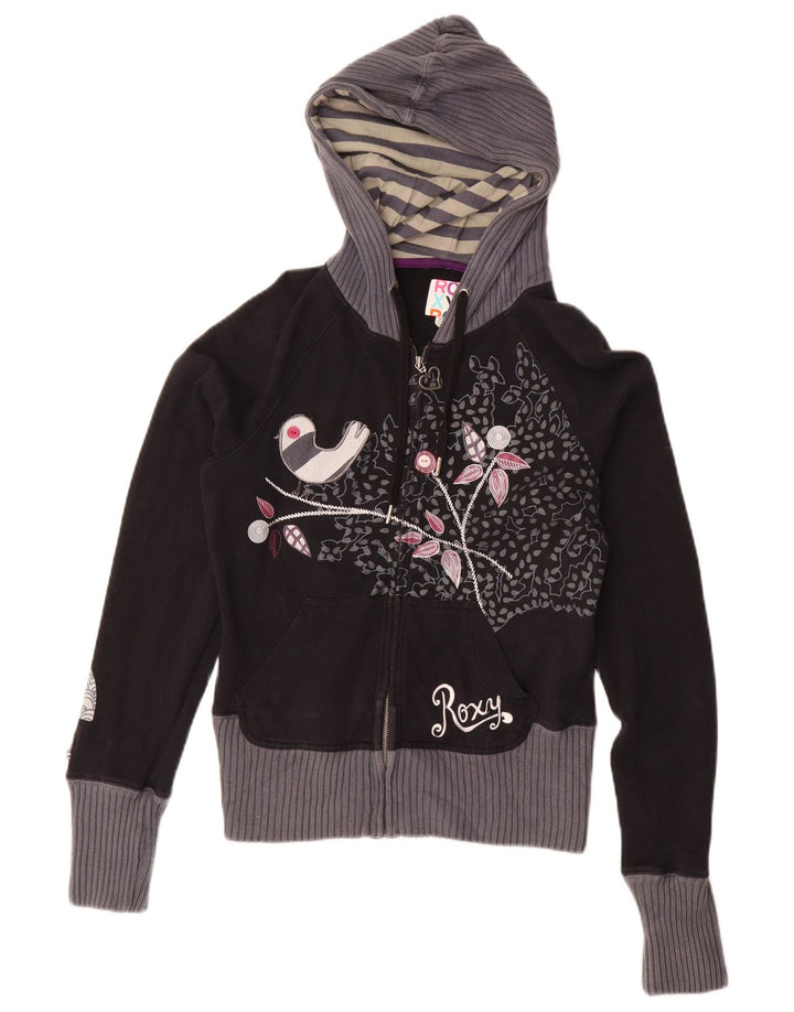 Maglione con cappuccio e zip grafica corta da donna Roxy UK 12 Medium Black Floral
