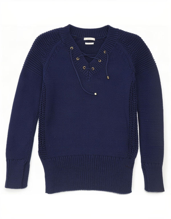 Maglione Zara da donna con scollo a V UK 10 piccolo cotone blu navy