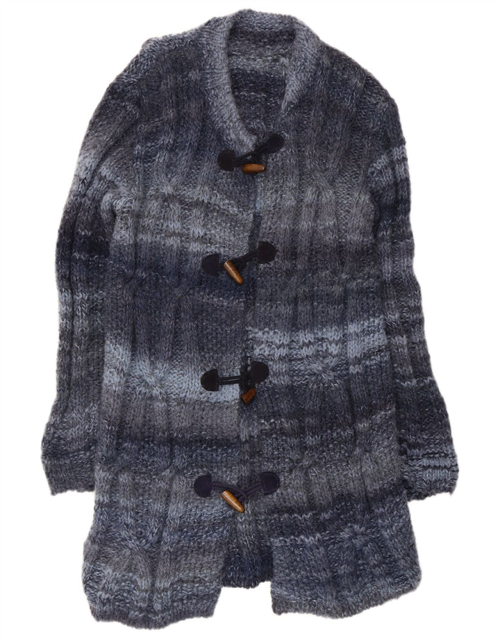 Maglione cardigan lungo da donna vintage UK 12 a righe blu medio