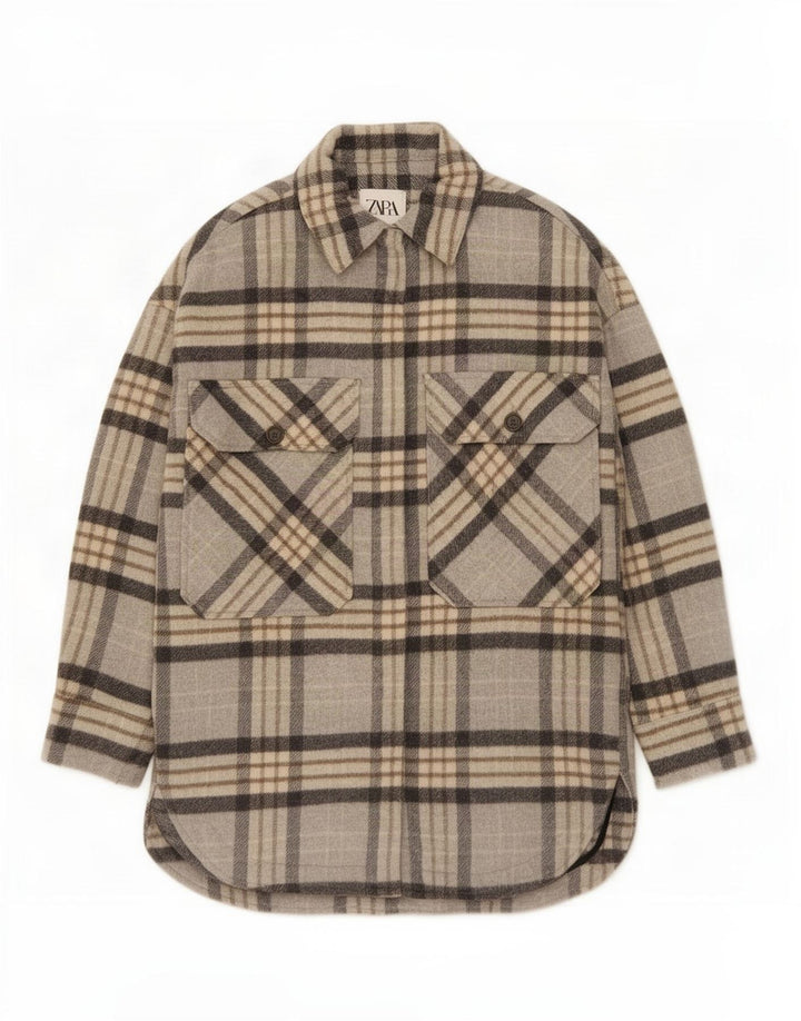 Camicia overshirt in flanella da donna Zara UK 10 piccolo quadretto grigio