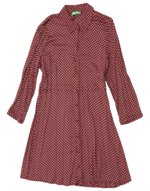 Abito camicia a maniche lunghe da donna Benetton UK 14 Grande viscosa geometrica rossa