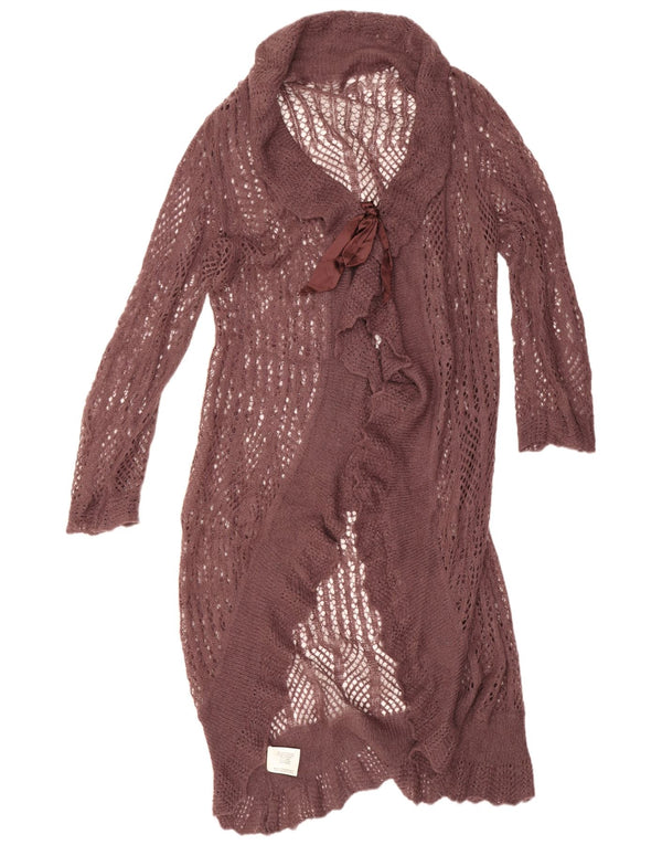 Maglione cardigan lungo da donna vintage UK 16 grande acrilico marrone