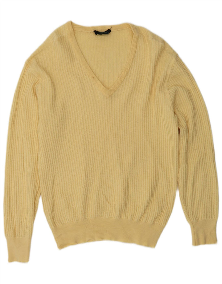 Maglione vintage da uomo con scollo a V in lana gialla media