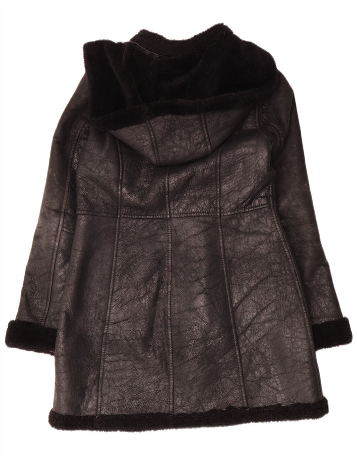 Montgomery da donna vintage in montone con cappuccio UK 10 piccolo nero invernale