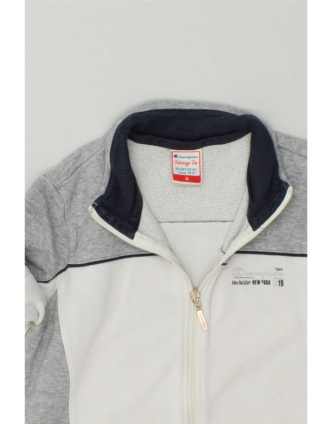 CHAMPION Womens Graphic Tracksuit Top Jacket UK 12 Medium Grey Colourblock Vintage Champion and Second-Hand Champion from Messina Hembry 