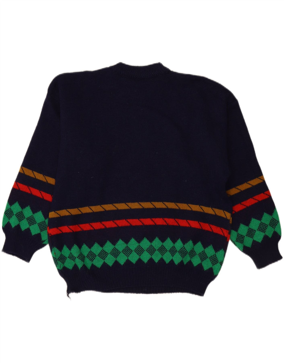 VINTAGE Mens Graphic Crew Neck Jumper Sweater Medium Navy Blue Striped Vintage Vintage and Second-Hand Vintage from Messina Hembry 