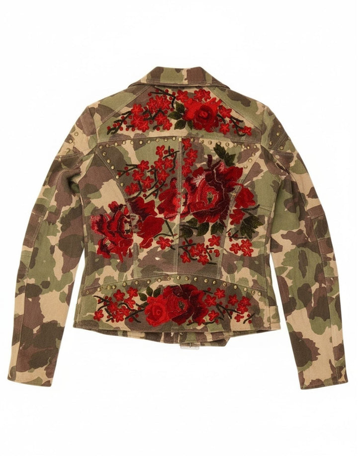 Giacca da motociclista in pelle scamosciata vintage da donna UK 16 grande pelle mimetica verde