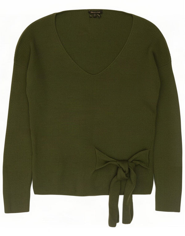 Massimo Dutti Maglione da donna con scollo a V UK 16 Large Verde Lana