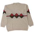 Maglione vintage da uomo girocollo, grande, beige, a rombi/acrilico con diamanti