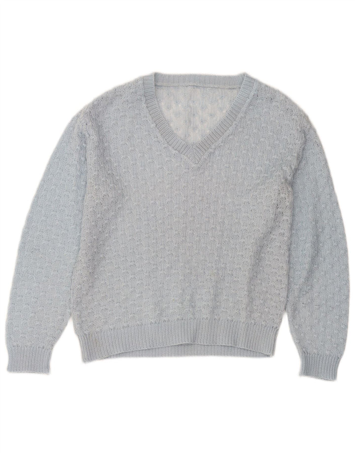 Maglione maglione vintage da donna con scollo a V UK 14 Blu medio