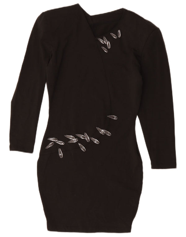 Abito aderente a maniche lunghe da donna vintage UK 12 Viscosa nera media