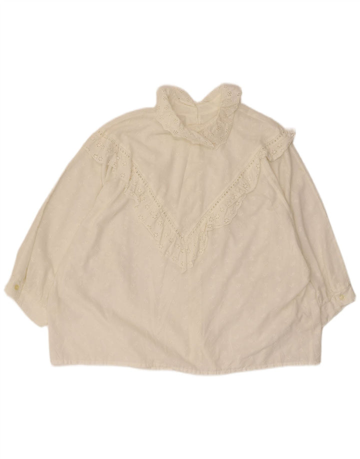 Top camicetta vintage da donna con maniche a 3/4 con volant sul davanti UK 20 2XL Bianco