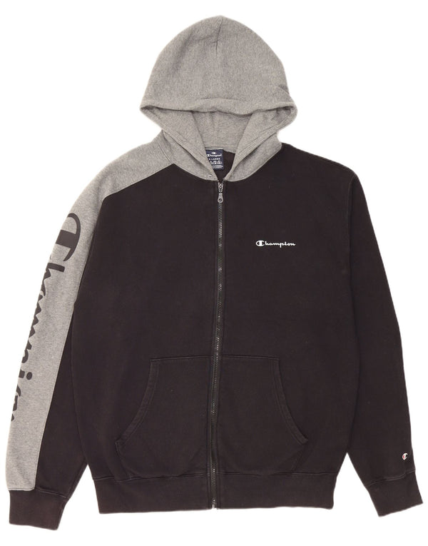 Felpa con cappuccio e zip grafica Champion da uomo XL in cotone color block nero