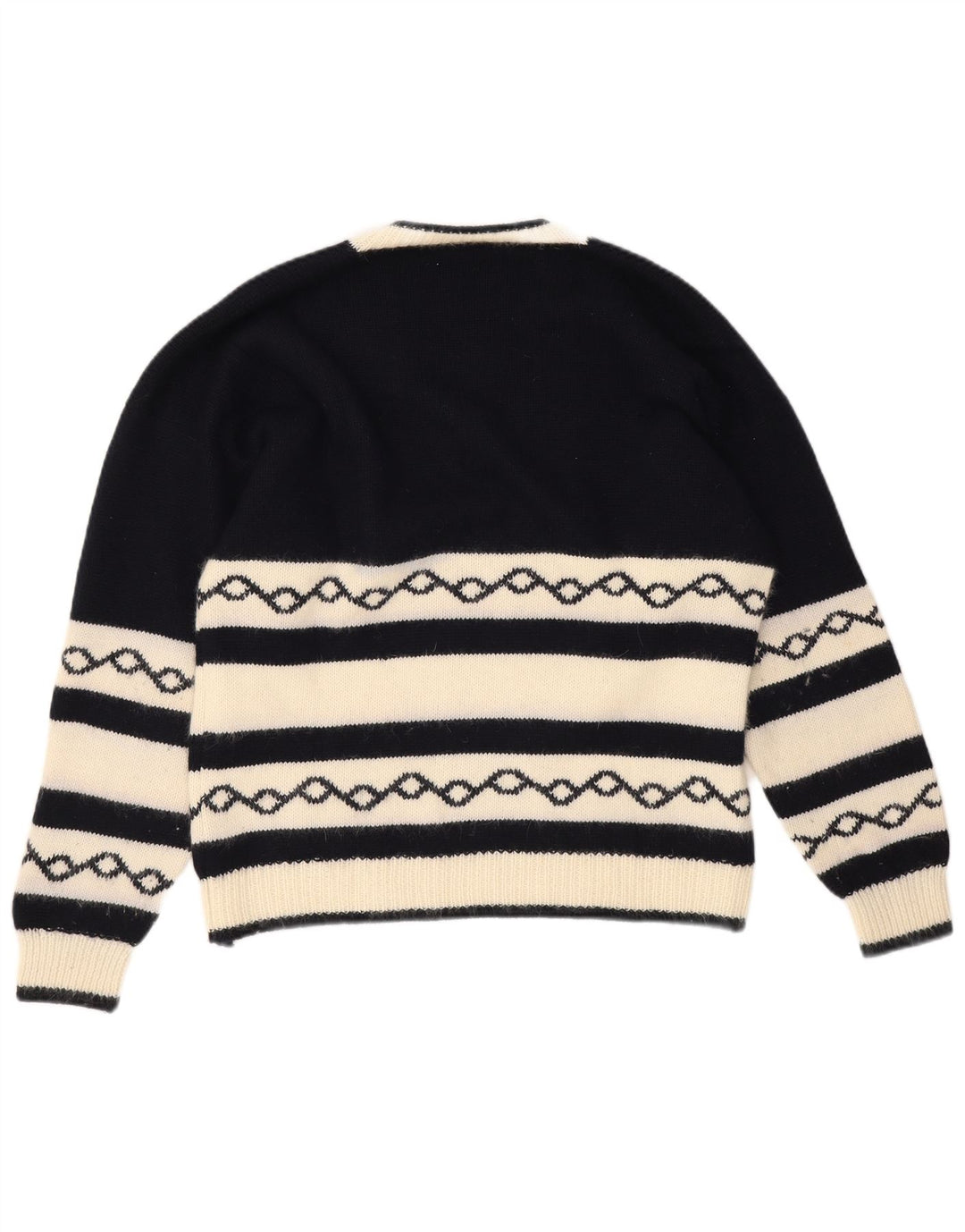 Maglione vintage da uomo con scollo a V medio blu navy geometrico