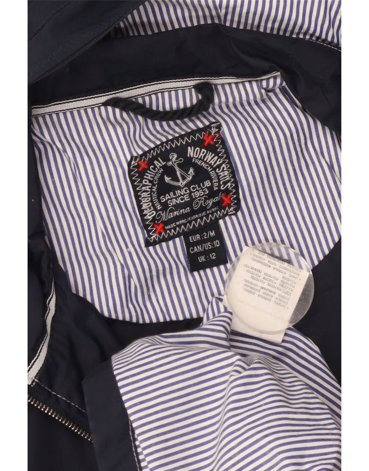 Giacca antipioggia con cappuccio grafica da donna vintage UK 12 poliestere medio blu navy