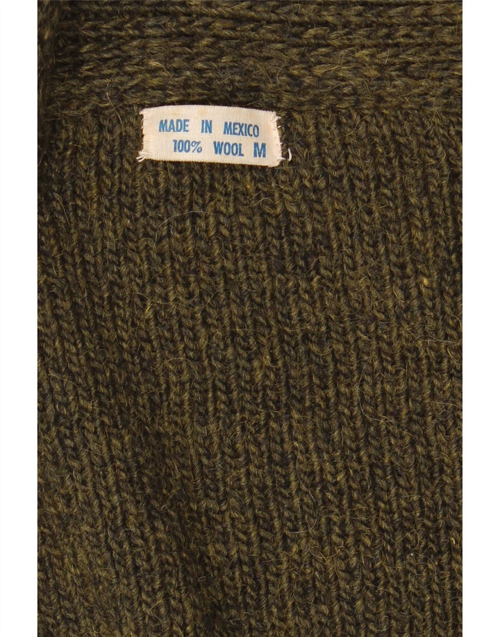 Maglione cardigan aperto da donna vintage UK 14 lana geometrica kaki media