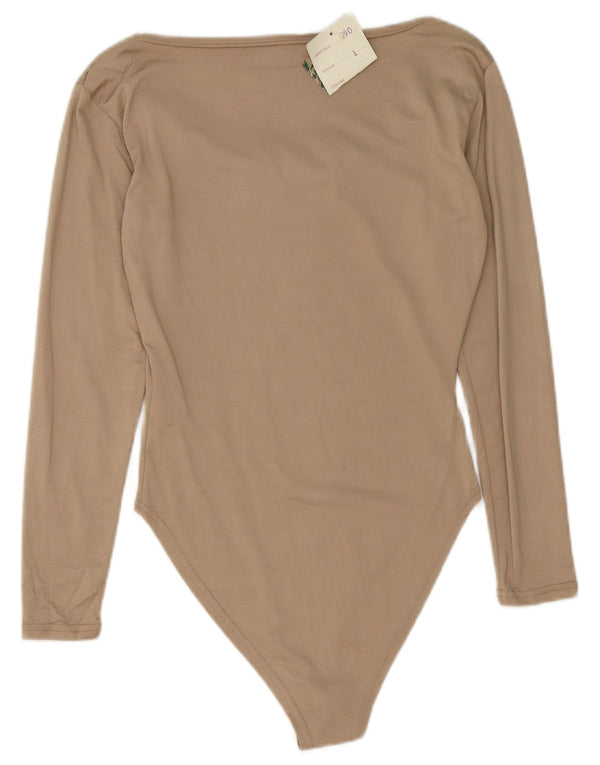 Body vintage da donna a maniche lunghe UK 14 grande in viscosa beige