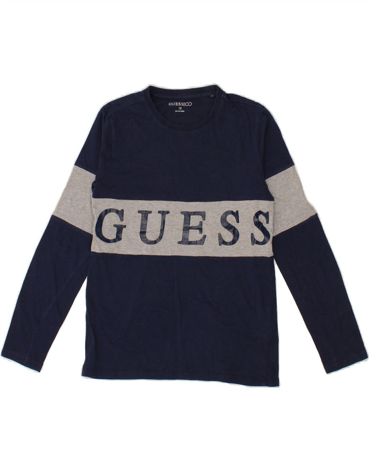 GUESS Boys Graphic Top Long Sleeve 11-12 Years Navy Blue Colourblock Vintage Guess and Second-Hand Guess from Messina Hembry 