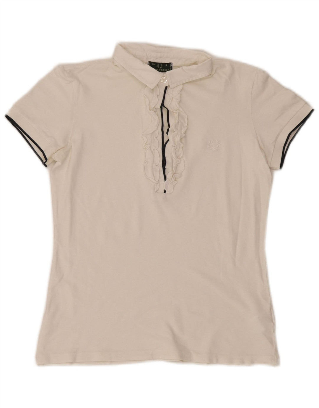 Polo da donna Fred Perry con volant sul davanti UK 10 piccola in cotone bianco