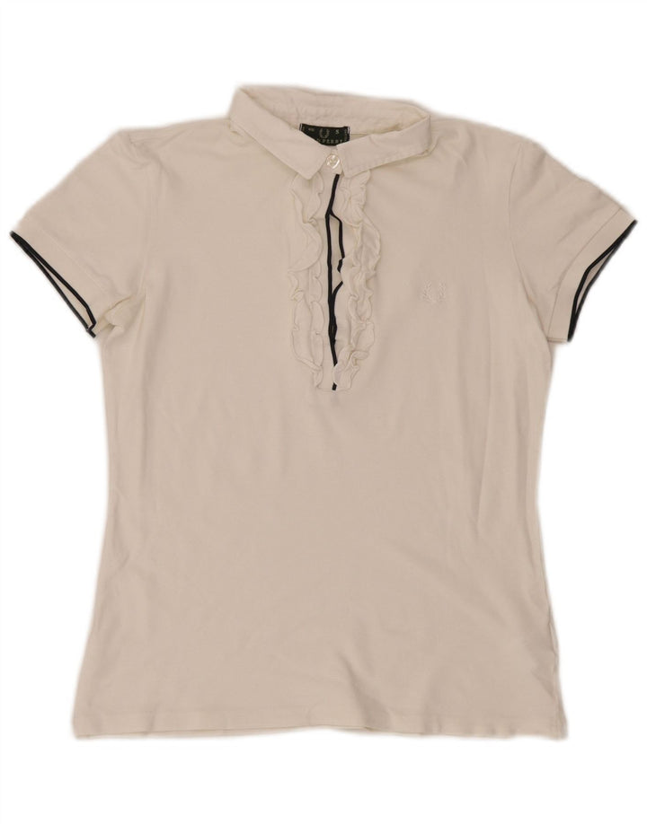 Polo da donna Fred Perry con volant sul davanti UK 10 piccola in cotone bianco