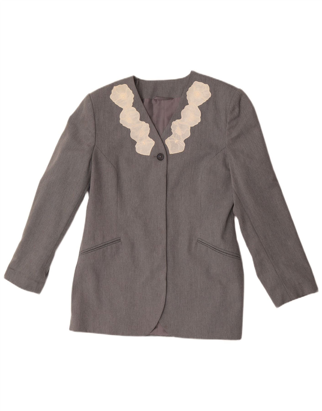 Giacca blazer vintage da donna a 1 bottone UK 12 Poliestere floreale grigio medio