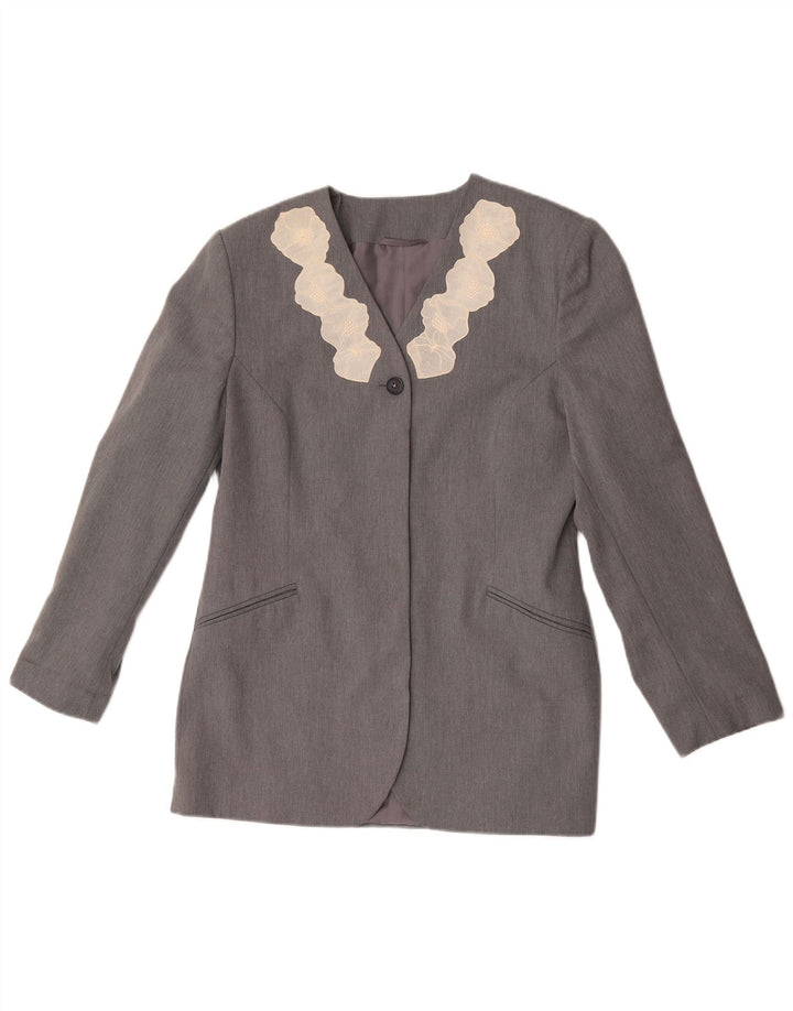 Giacca blazer vintage da donna a 1 bottone UK 12 Poliestere floreale grigio medio