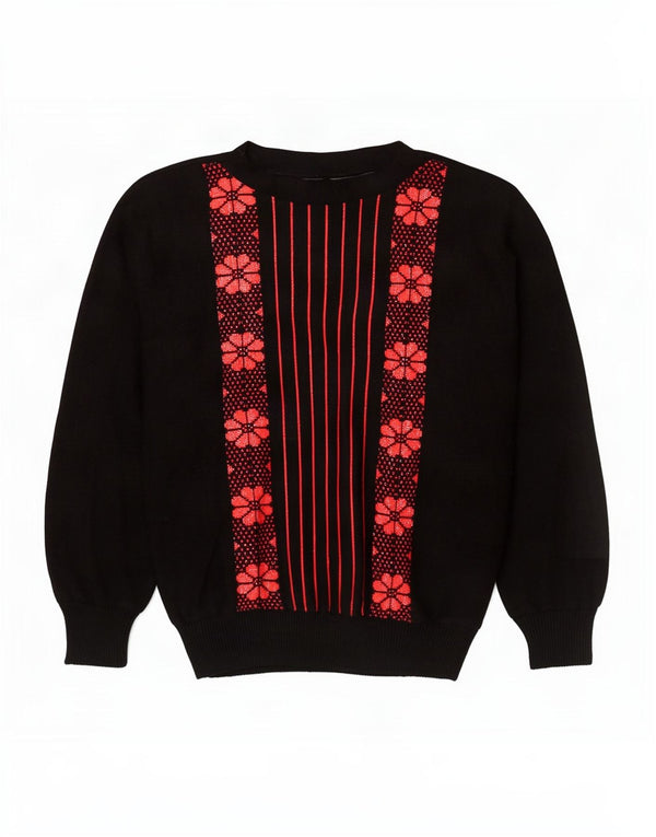 Maglione maglione vintage da donna con scollo a barca UK 16 grande motivo floreale nero