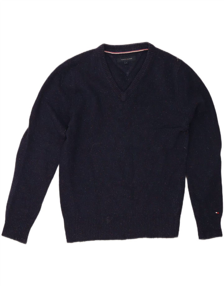 TOMMY HILFIGER Mens V-Neck Jumper Sweater Large Navy Blue Lambswool