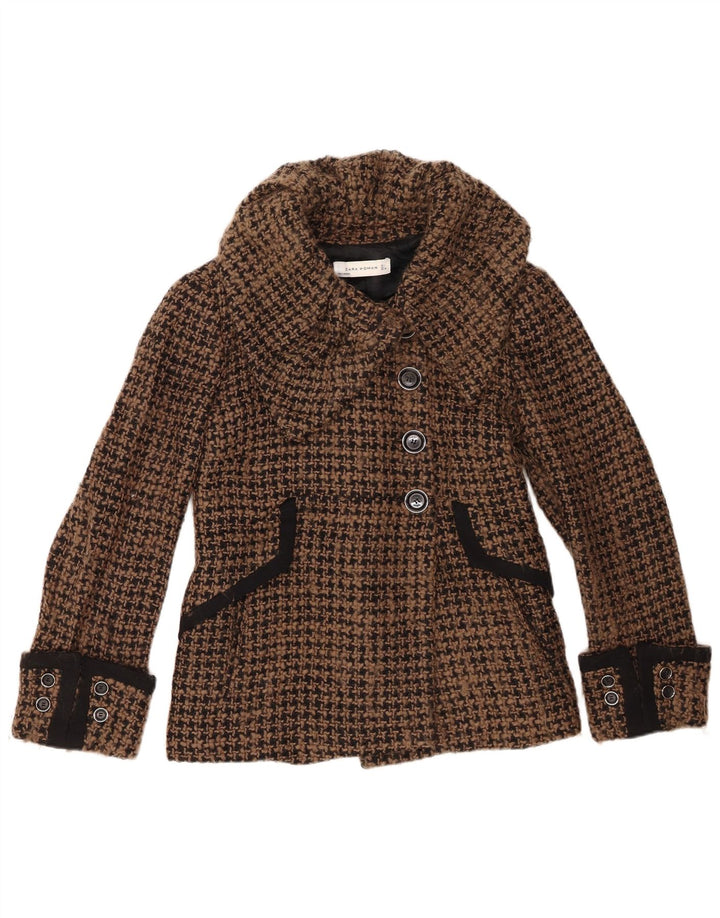 Giacca blazer a 4 bottoni da donna Zara UK 16 grande lana pied de poule marrone