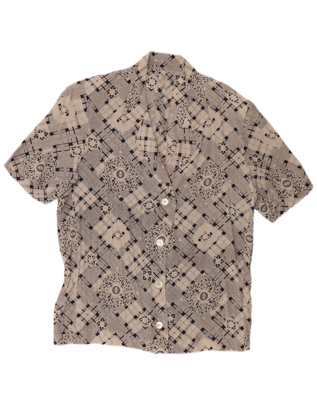 Camicia a maniche corte da donna vintage UK 16 grande grigio geometrico