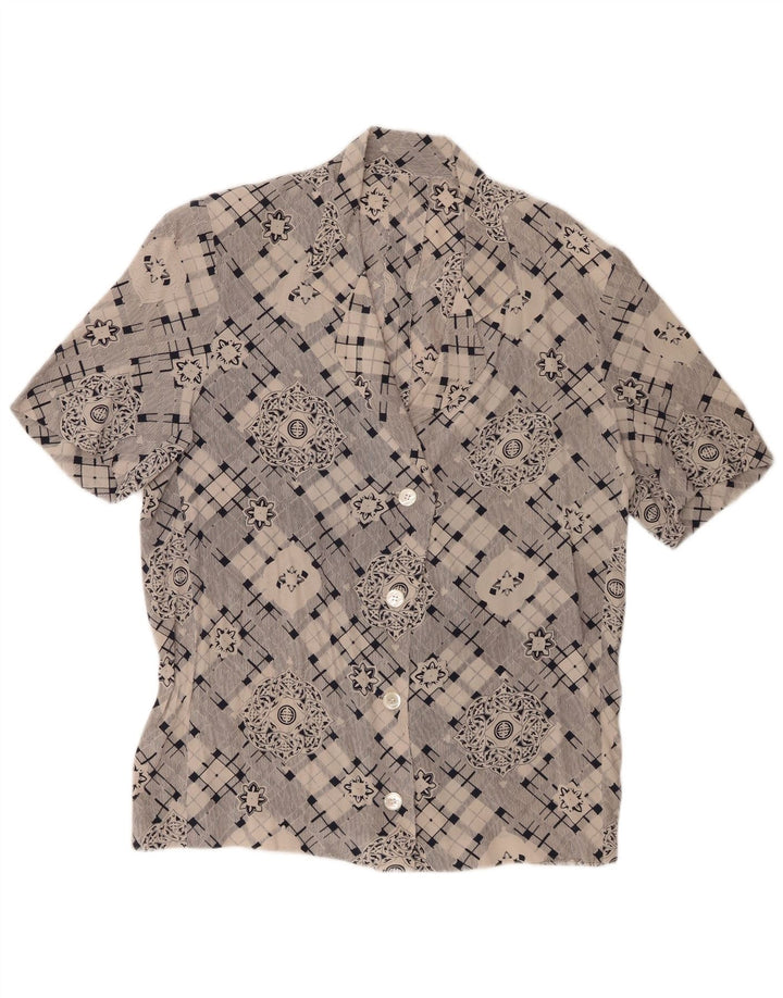 Camicia a maniche corte da donna vintage UK 16 grande grigio geometrico
