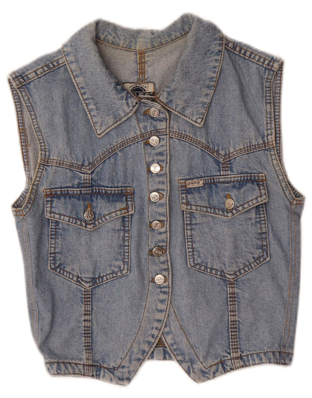Gilet corto in denim da donna vintage UK 12 blu medio