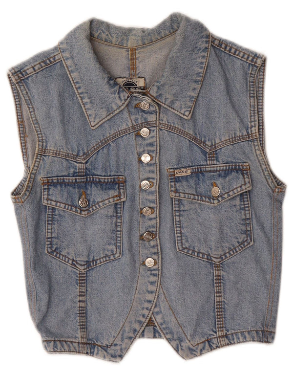 Gilet corto in denim da donna vintage UK 12 blu medio