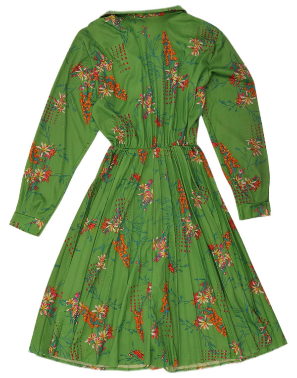Abito a trapezio a maniche lunghe da donna VINTAGE UK 14 Grande motivo floreale verde