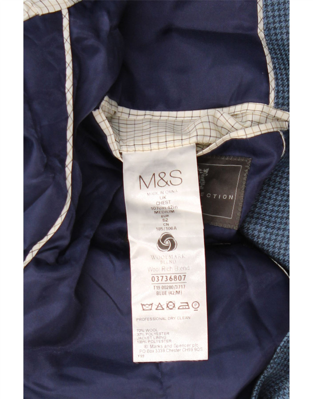 MARKS & SPENCER Giacca blazer da uomo a 2 bottoni EU 52 XL blu navy pied de poule