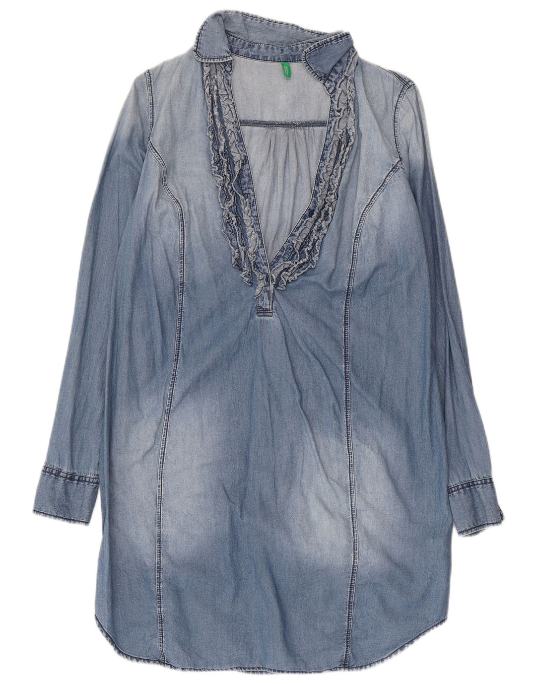 BENETTON Abito in denim oversize da donna con volant sul davanti UK 6 XS Cotone blu