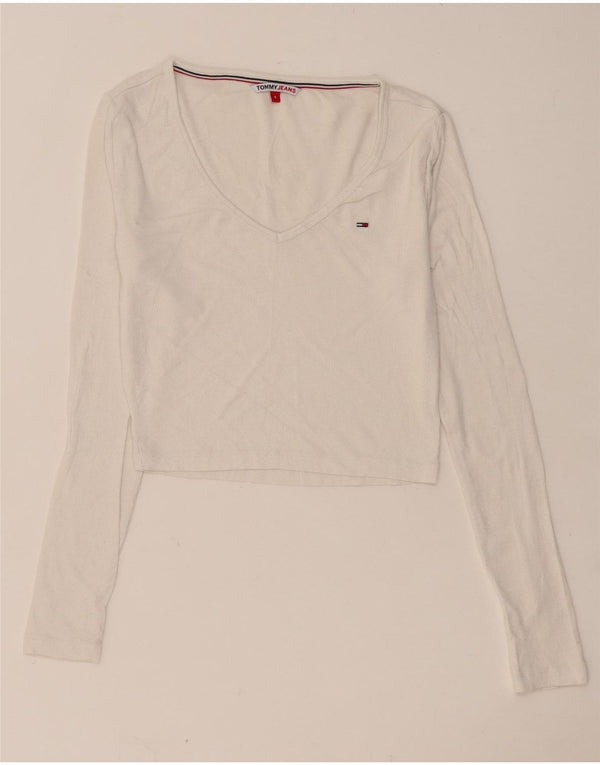 TOMMY HILFIGER Top corto da donna manica lunga UK 8 piccolo bianco