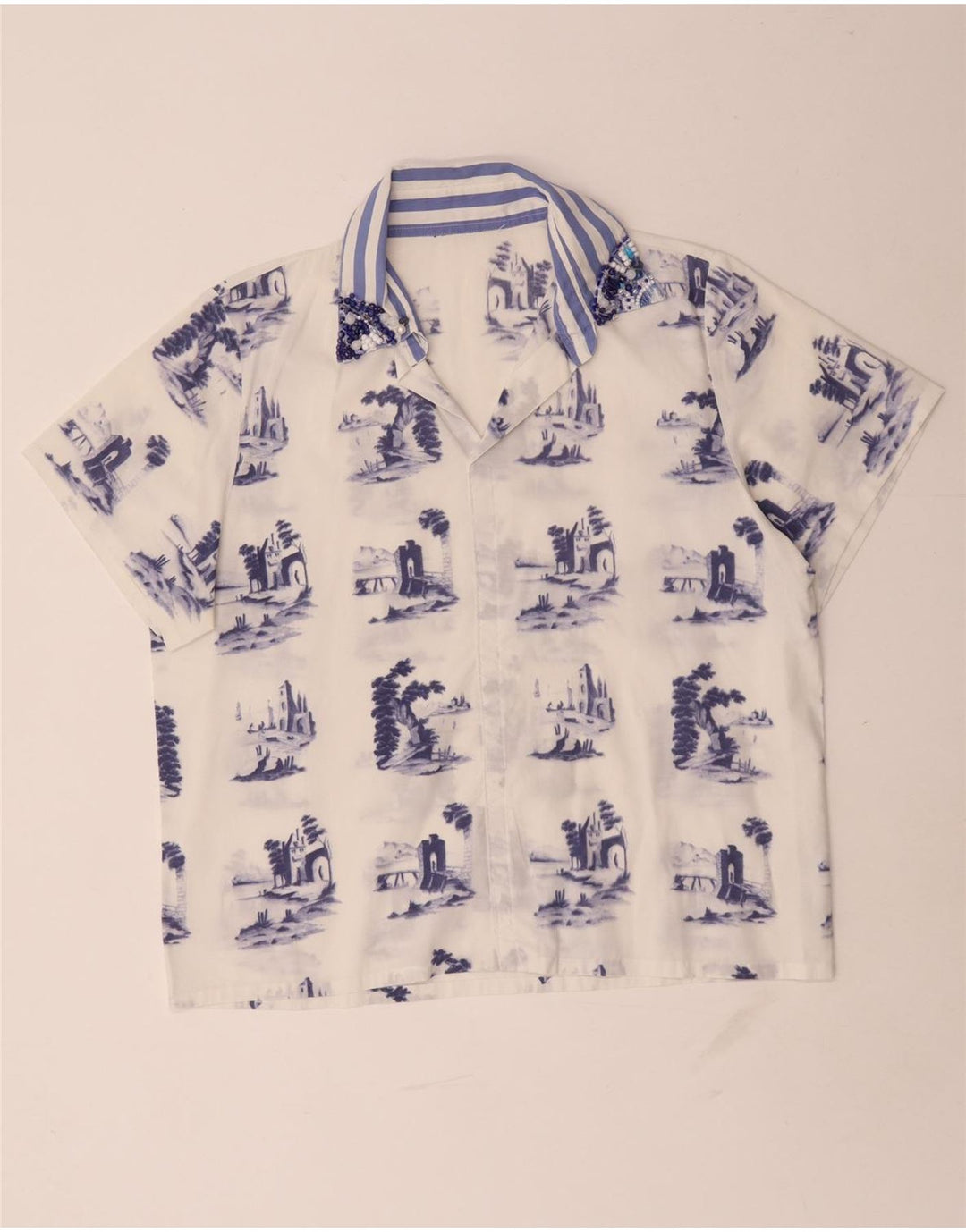 Top camicetta vintage da donna con motivo astratto UK 16 grande bianco