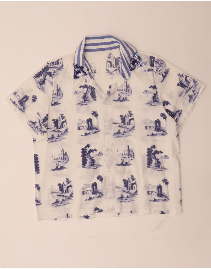 Top camicetta vintage da donna con motivo astratto UK 16 grande bianco