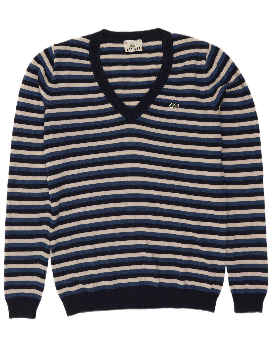 Maglione da donna con scollo a V Lacoste taglia 38 medio in lana a righe blu navy