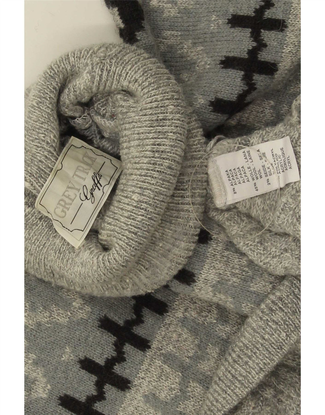 Maglione vintage da uomo con collo alto e lana di alpaca Fair Isle grigia
