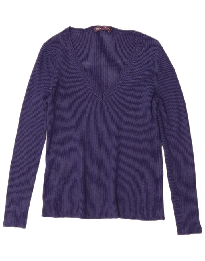 MARKS & SPENCER maglione da donna con scollo a V UK 10 piccolo blu navy