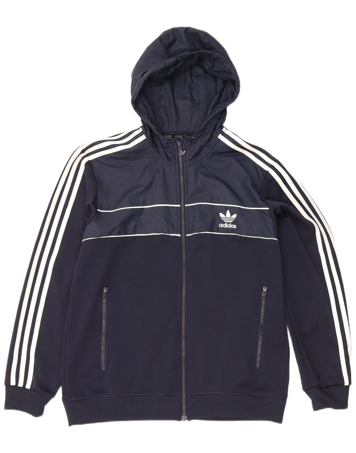 Maglione con cappuccio e zip da uomo Adidas grande in poliestere blu navy